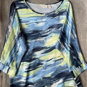 🦋Chicos Abstract Blues and Yellow Round Scoop Neck, 3/4 Sleeve Top 2, L, 12/14